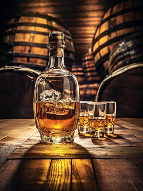 a bottle of whiskey sits on a wooden table with three shot glasses of whiskey.