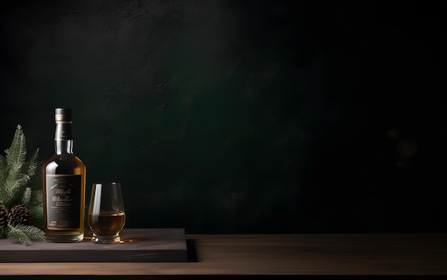 A bottle of whiskey and two glasses on a wooden table.