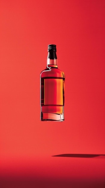 Bottle of whisky floating on isolated red background