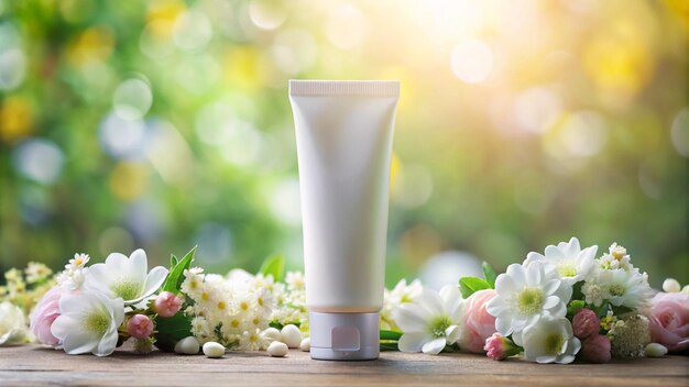 a bottle of white cream sits on a table with flowers and greenery