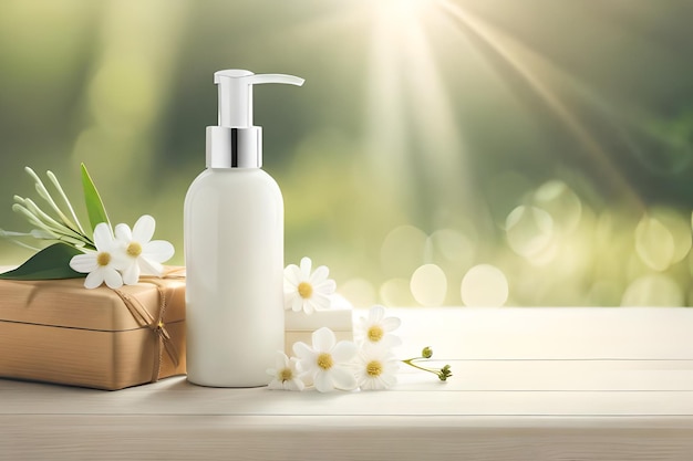 A bottle of white lotion next to a gift box with flowers on a table.