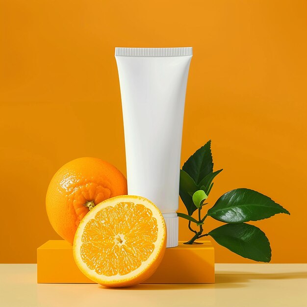 a bottle of white milk next to an orange