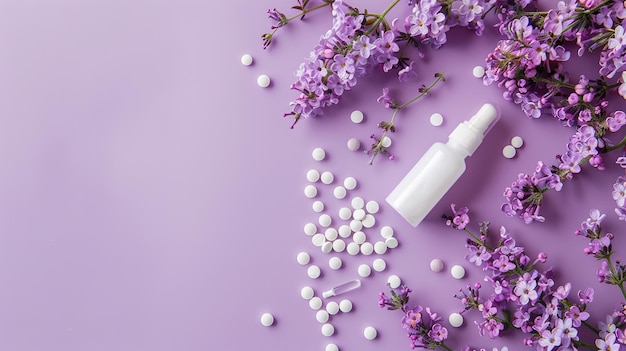 a bottle of white pearles sits on a purple surface with a bunch of purple flowers