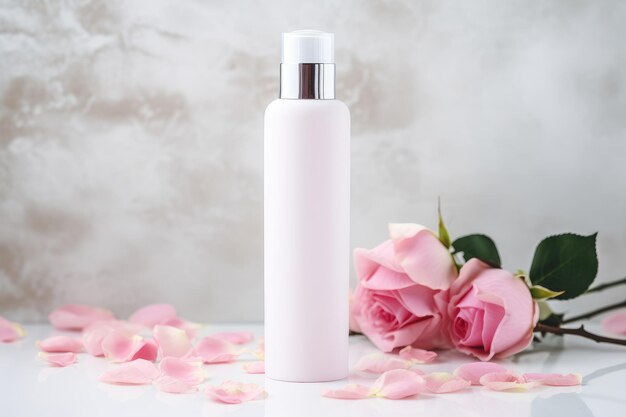 a bottle of white perfume with pink roses in the background.