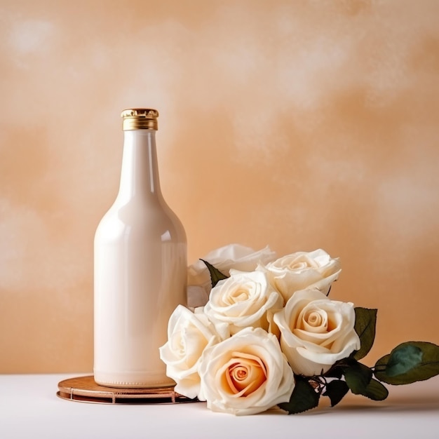 A bottle of white roses next to a bouquet of roses.