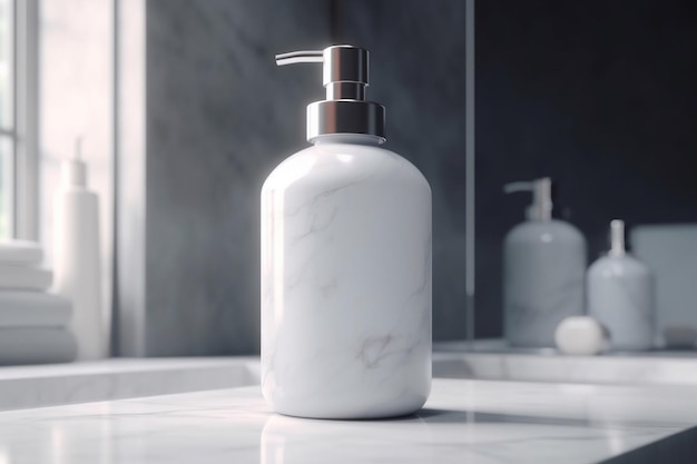 A bottle of white soap with a silver pump on the top.