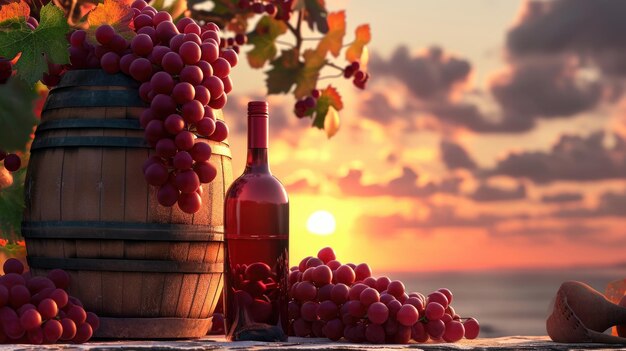 Bottle of white wine beside wooden barrel grapes against vineyard sunset