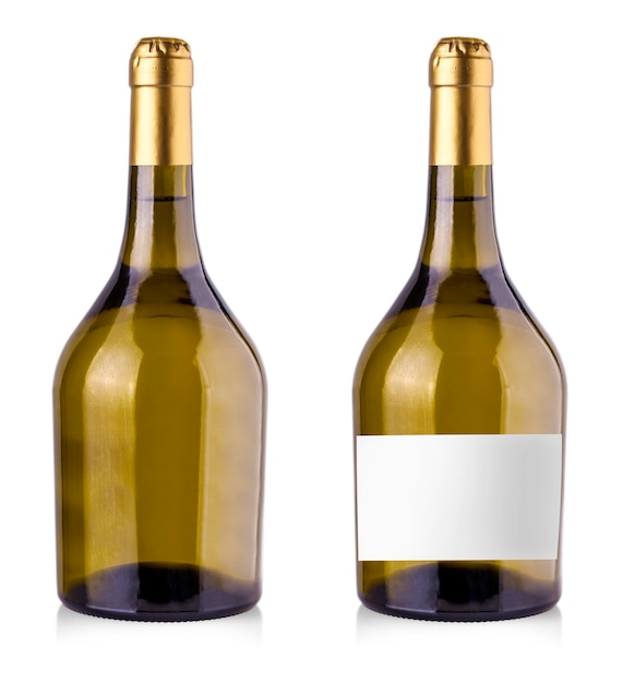 Photo bottle of white wine on isolated reflective white background.