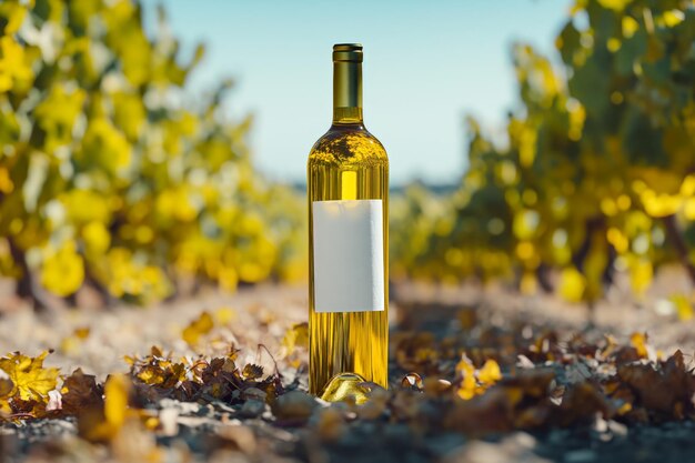 A bottle of white wine standing on the ground against the background of a vineyard in sunlight