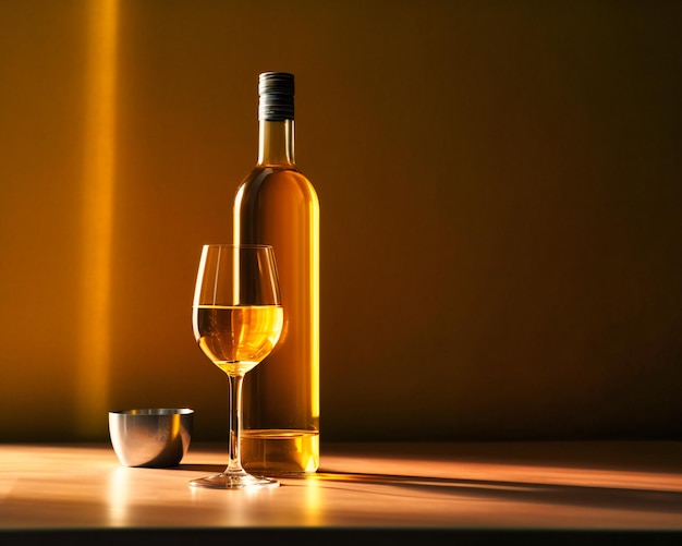 Bottle of white wine with glass sits on table