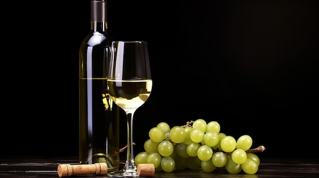 A bottle of white wine with glasses and grape leaves
