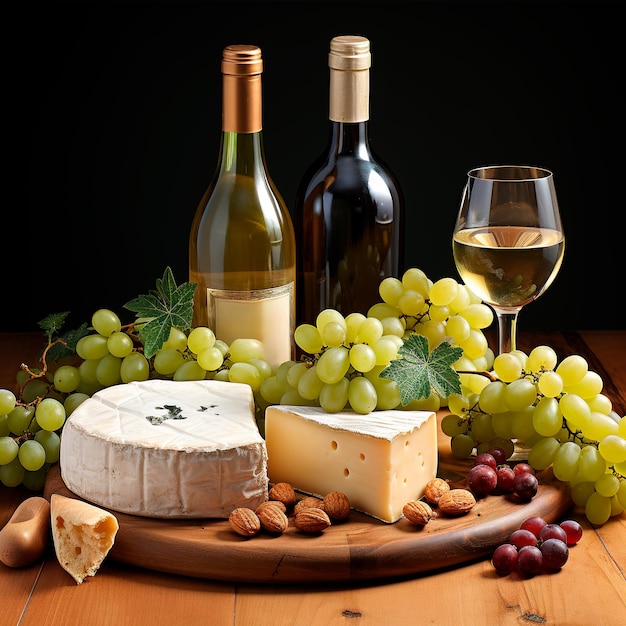 a bottle of white wine with grapes and cheese around it ultra realistic image