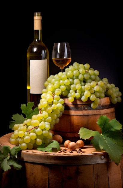 Photo bottle of white wine with grapes on the side