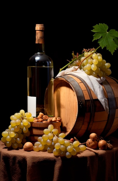 Bottle of white wine with grapes on the side