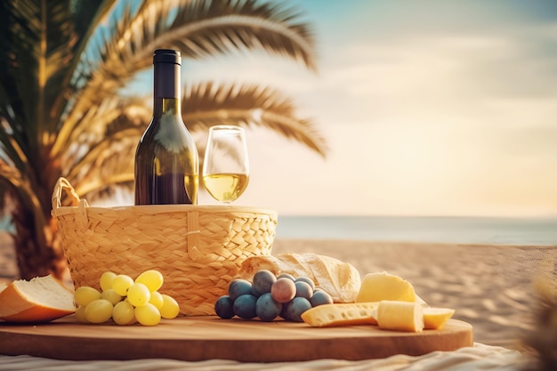 Bottle of wine baguete cheese grapes and fresh fruits on plaid on blurred seascape