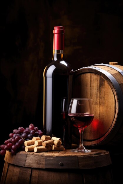 A bottle of wine next to a barrel and grapes