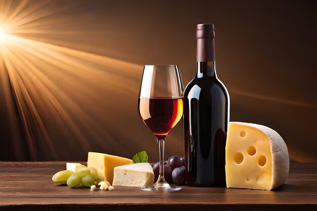 a bottle of wine and a bottle of wine with grapes and cheese.