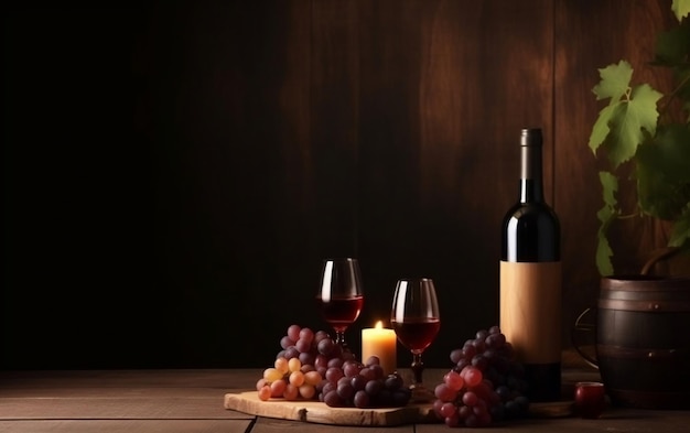 A bottle of wine and a candle on a wooden table