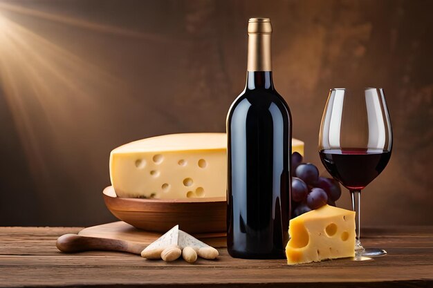 Foto una bottiglia di vino e formaggio e un bicchiere di vino.