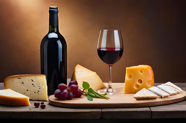 Foto una bottiglia di vino e formaggio e un bicchiere di vino