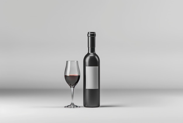 a bottle of wine and glass standing on a white surface