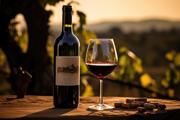 Bottle and wine glass in the vineyard