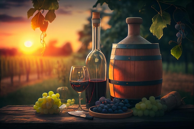 A bottle of wine and a glass of wine are on a table in front of a sunset.