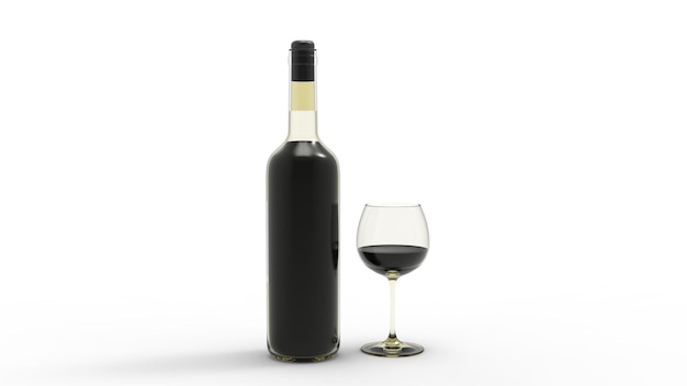 Бутылка вина и бокал вина на белом фоне 3D рендеринг
