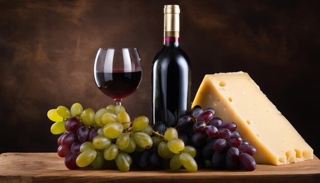 a bottle of wine and a glass of wine next to a plate of grapes and cheese