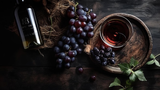 와인 한 병과 포도가 있는 테이블에 있는 와인 한 잔.