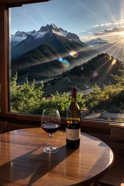 Photo bottle of wine and glass of wine on table with mountains background