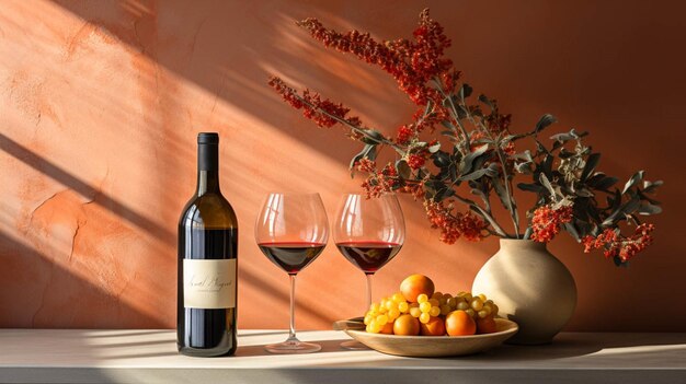 A bottle of wine and a glass of wine on a table with sunlight in room