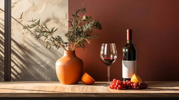 A bottle of wine and a glass of wine on a table with sunlight in room