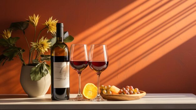 Photo a bottle of wine and a glass of wine on a table with sunlight in room