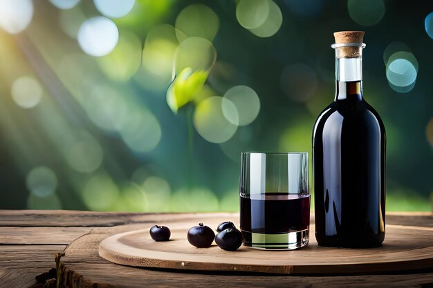 A bottle of wine and a glass of wine on a wooden table