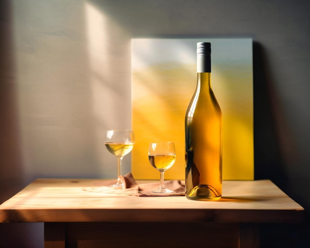 Bottle of wine and glass on a wooden table