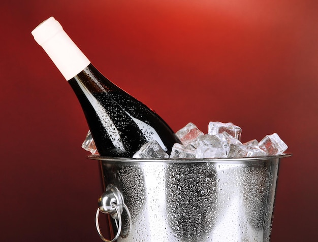 Bottle of wine in ice bucket on darck red background
