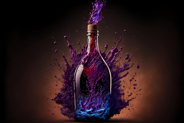 Bottle of wine ink explode as opening excitement celebration winery concept as splash liquid booze