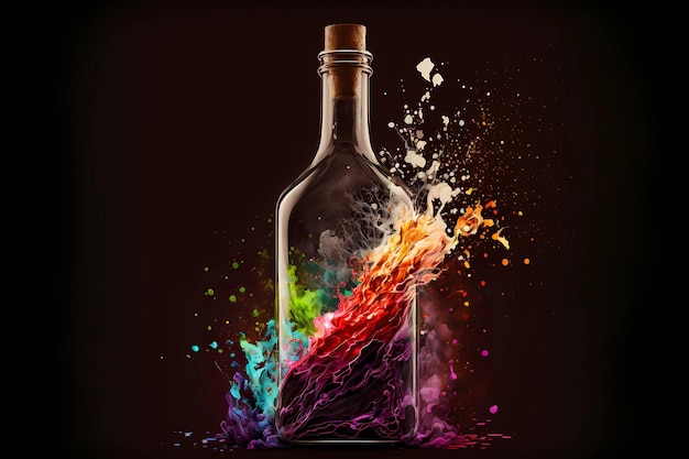 Bottle of wine ink explode as opening excitement celebration winery concept as splash liquid booze