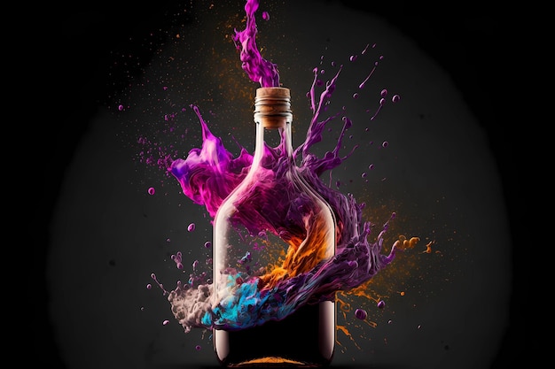 Bottle of wine ink explode as opening excitement celebration winery concept as splash liquid booze