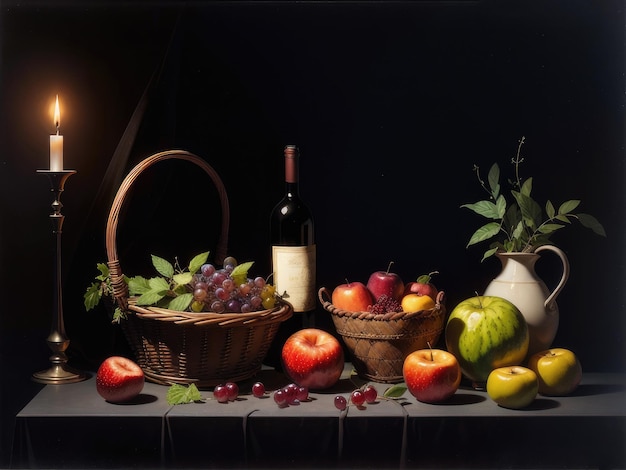 A bottle of wine is next to a basket with fruit.