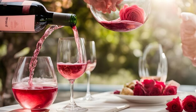 a bottle of wine is being poured into a glass with strawberries