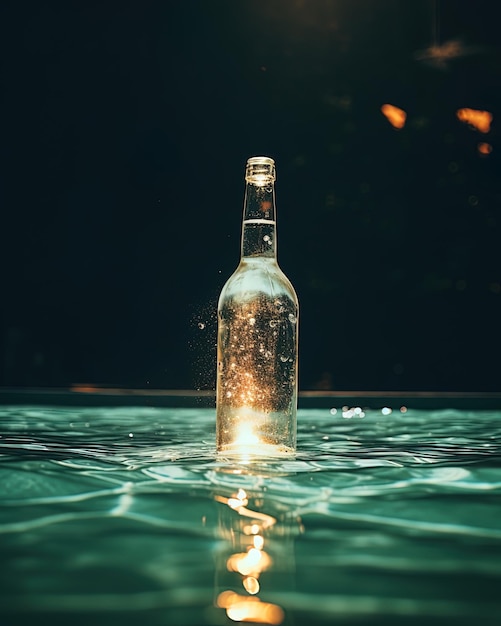 a bottle of wine is floating in the water.