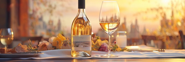 a bottle of wine is on the table in a restaurant in the style of light amber and white