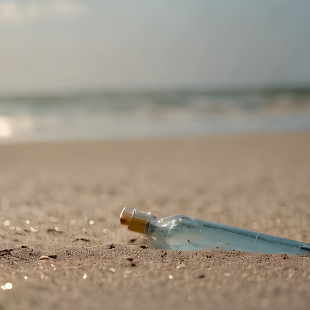 a bottle of wine laying on the beach with a bottle of wine in the background