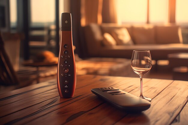 A bottle of wine next to a remote that says'smart'on it