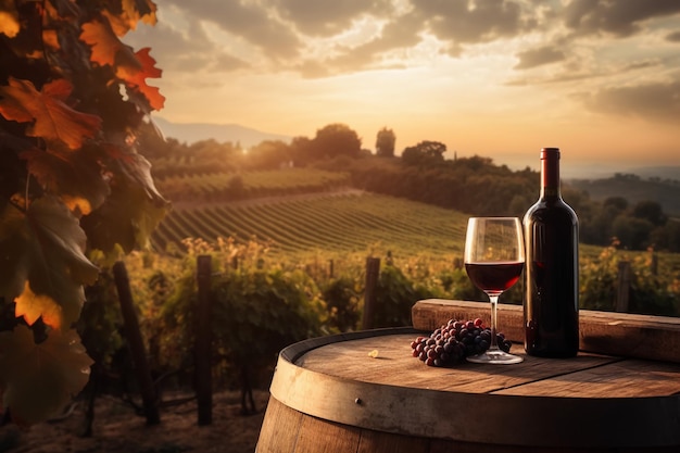 A bottle of wine sits on a barrel next to a vineyard with a sunset in the background.