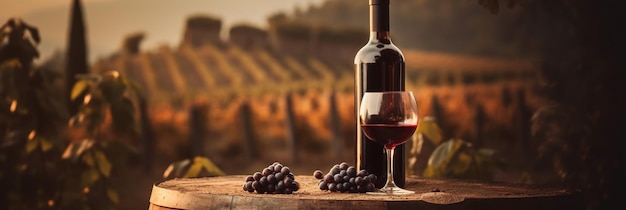 A bottle of wine sits on a table in front of a vineyard.