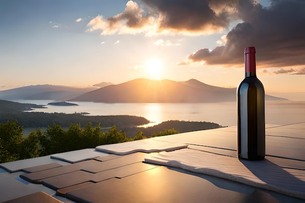 A bottle of wine sits on a table overlooking a mountain range.