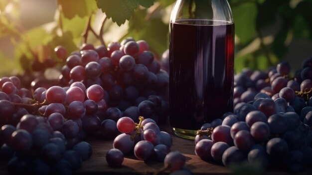 A bottle of wine sits on a table surrounded by grapes.